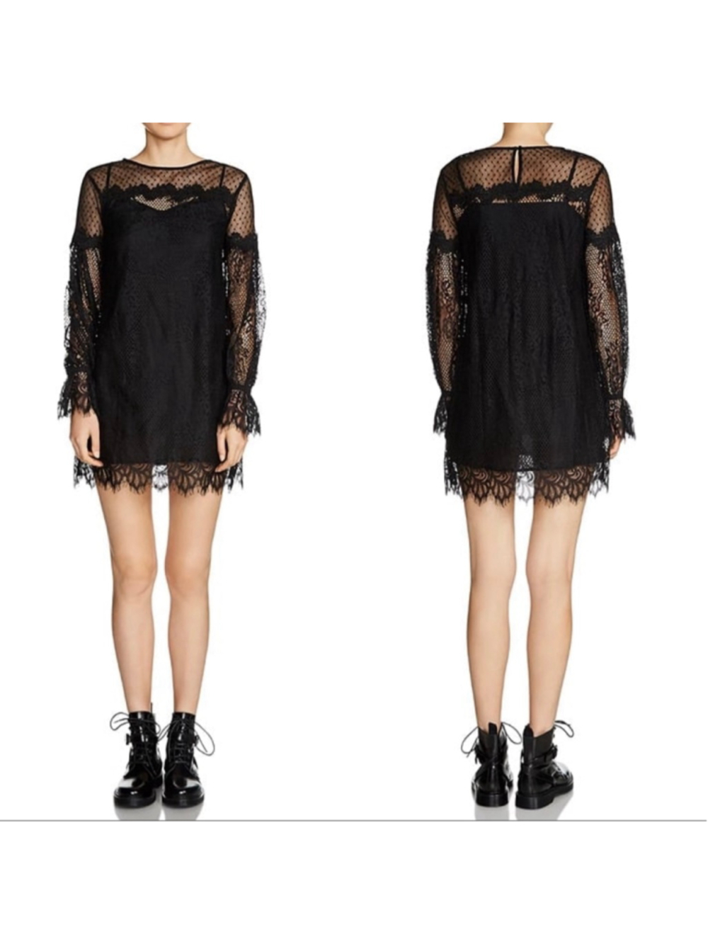 Maje Roya Lace Long-Sleeve Mini Dress in Black sz L